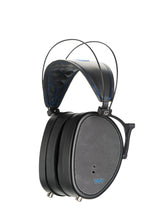 Dan Clark Audio E3 black open-back over-ear headphones with mesh earcups and blue-stitched headband